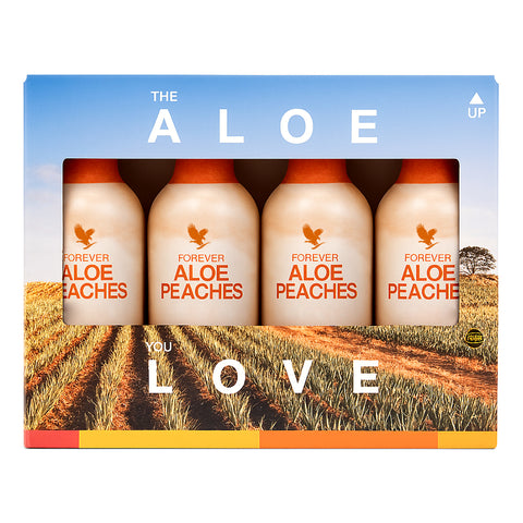 Vorteilspack mit vier Forever Aloe Vera Gel Peaches Flaschen