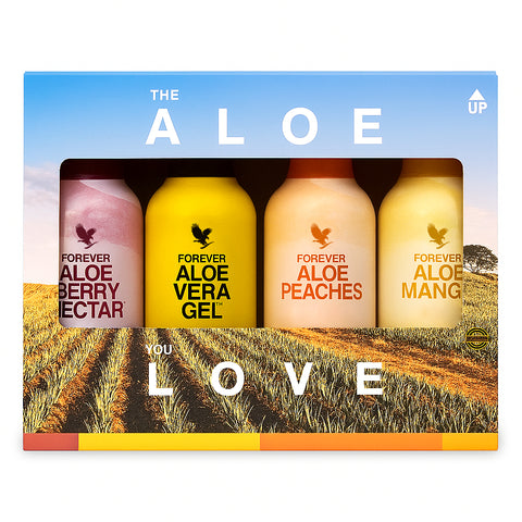 Mixpack mit vier verschiedenen Forever Aloe Vera Gel Sorten